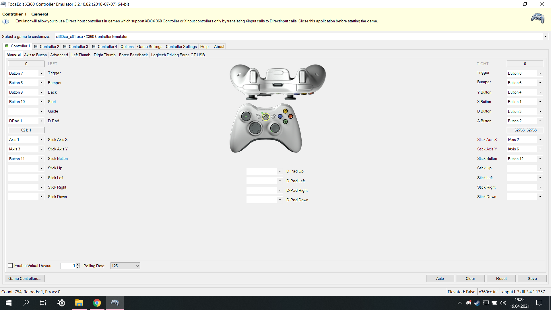 TocaEdit Xbox 360 Controller Emulator direksiyon pedal eşitleme
