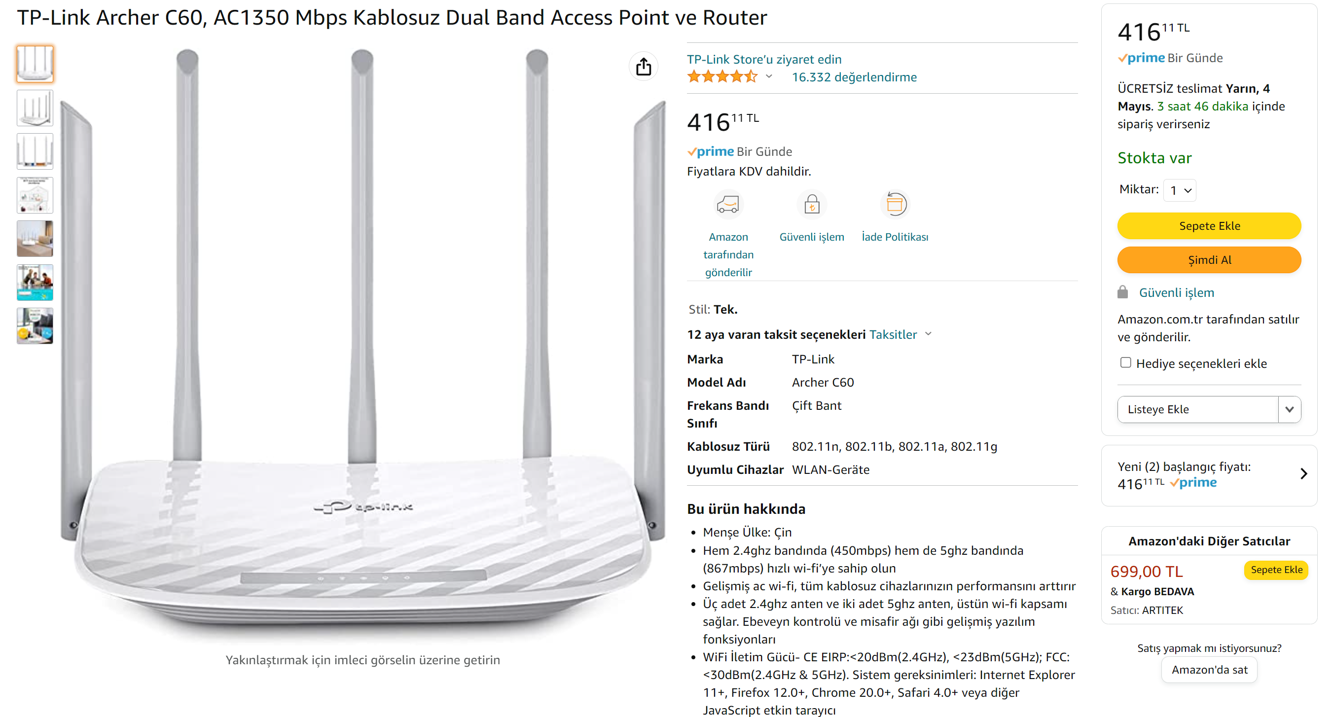 İndirim Bitti! - TP-Link Archer C60, AC1350 Mbps Kablosuz Dual Band ...