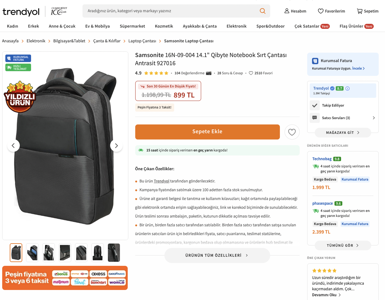 🔥İndirim Samsonite Qibyte notebook sırt çantası 14" ve 15.6" 899 TL