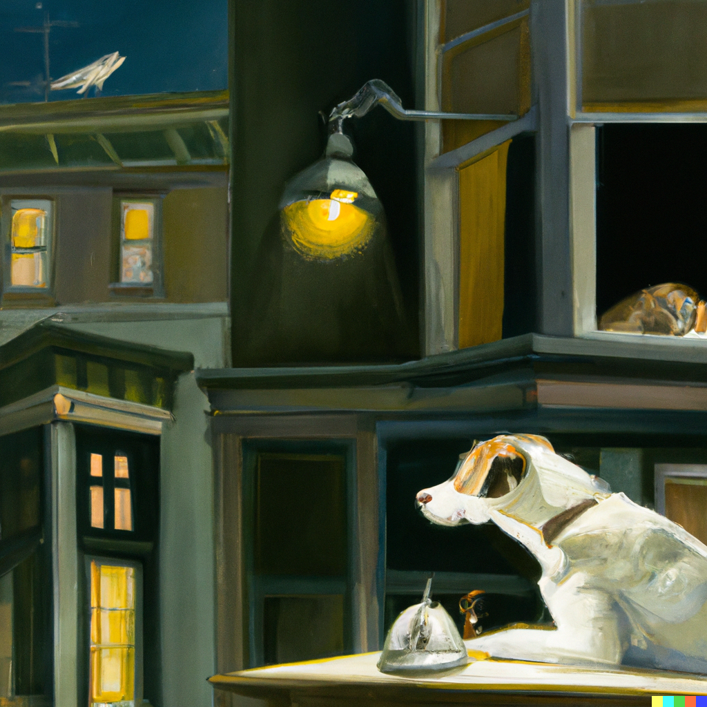 DALL·E 2022-12-04 09.15.25 - Nighthawks but dog by hopper.png