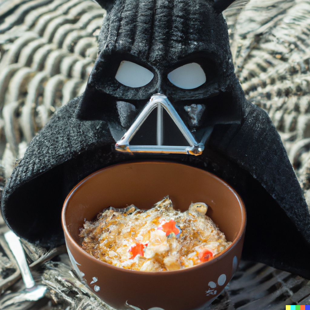 DALL·E 2022-12-04 14.27.56 - a bowl of corn flaks in shape of darth vader  knitted in wool.png