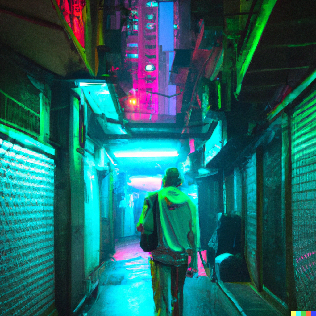 DALL·E 2022-12-04 16.25.11 - walking in cyberpunk dystopic alley.png