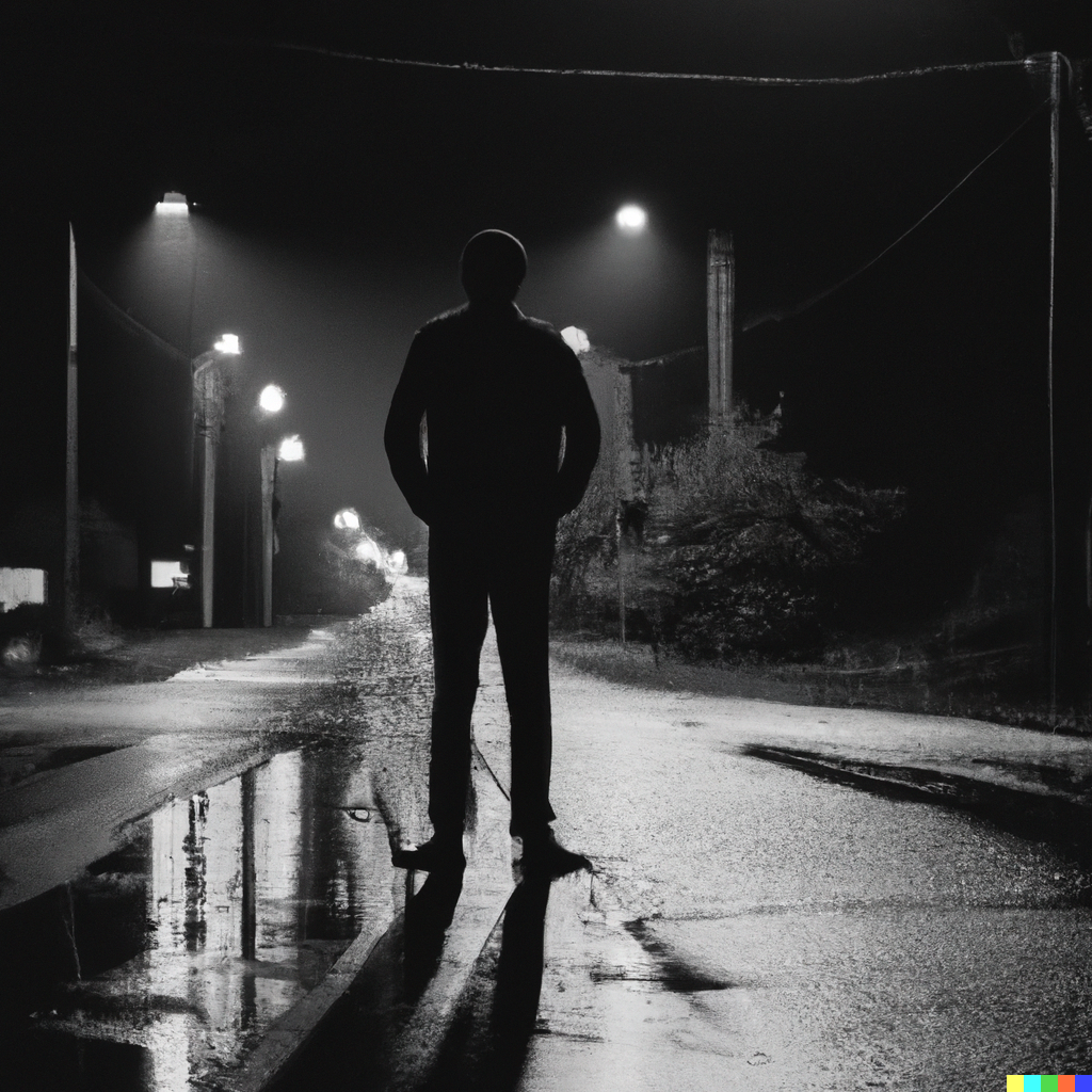 DALL·E 2022-12-04 16.33.05 - man stands  in rainy road night  black and white.png