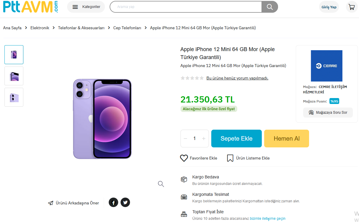 iPhone 12 Mini 64 GB Mor 21.350,63 TL (Apple Türkiye Garantili ...