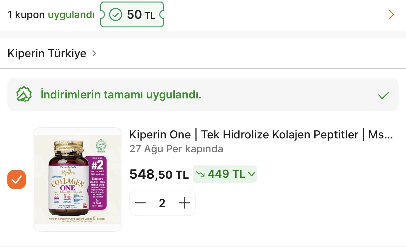 274 TL Kiperin One | Tek Hidrolize Kolajen Peptitler 30 Kapsül (2 Adet Alımda)