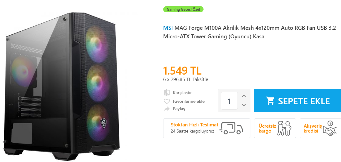 MSI MAG Forge M100A Akrilik Mesh 4x120mm Auto RGB Fan USB 3.2 Micro-ATX Tower Gaming (Oyuncu) ...png