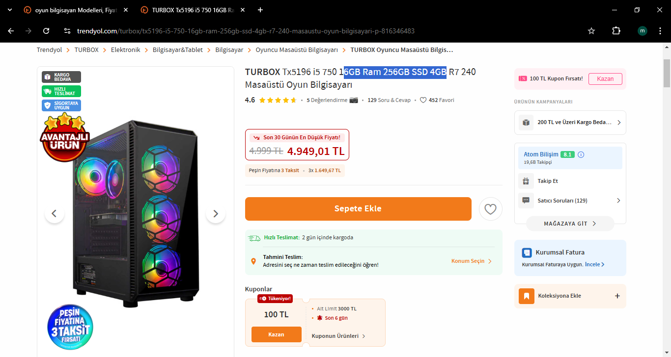 TURBOX Tx5196 i5 750 16GB Ram 256GB SSD 4GB R7 240 Masaüstü Oyun Bilgisayarı Fiyatı, Yorumları...png